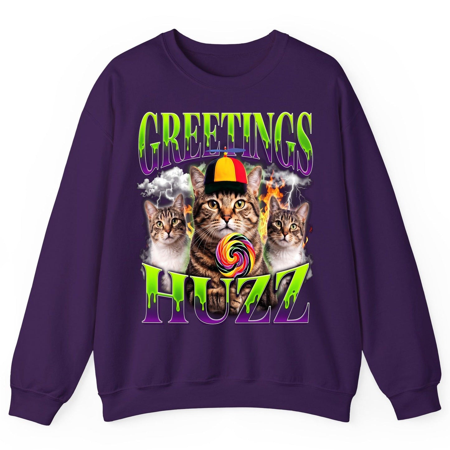Greetings HUZZ Funny Cat Sweatshirt - product mockup - Purple