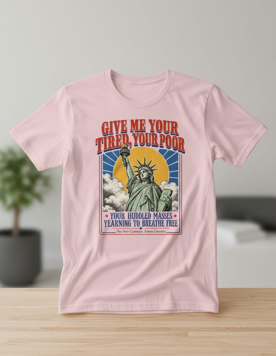 Give Me Your Tired Poor Patriotic Retro Statue of Liberty T-Shirt - product mockup - Light Pink