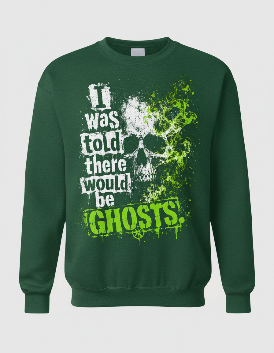 Funny I Was Told There Would Be Ghosts Skull Sweatshirt - product mockup - Forest Green