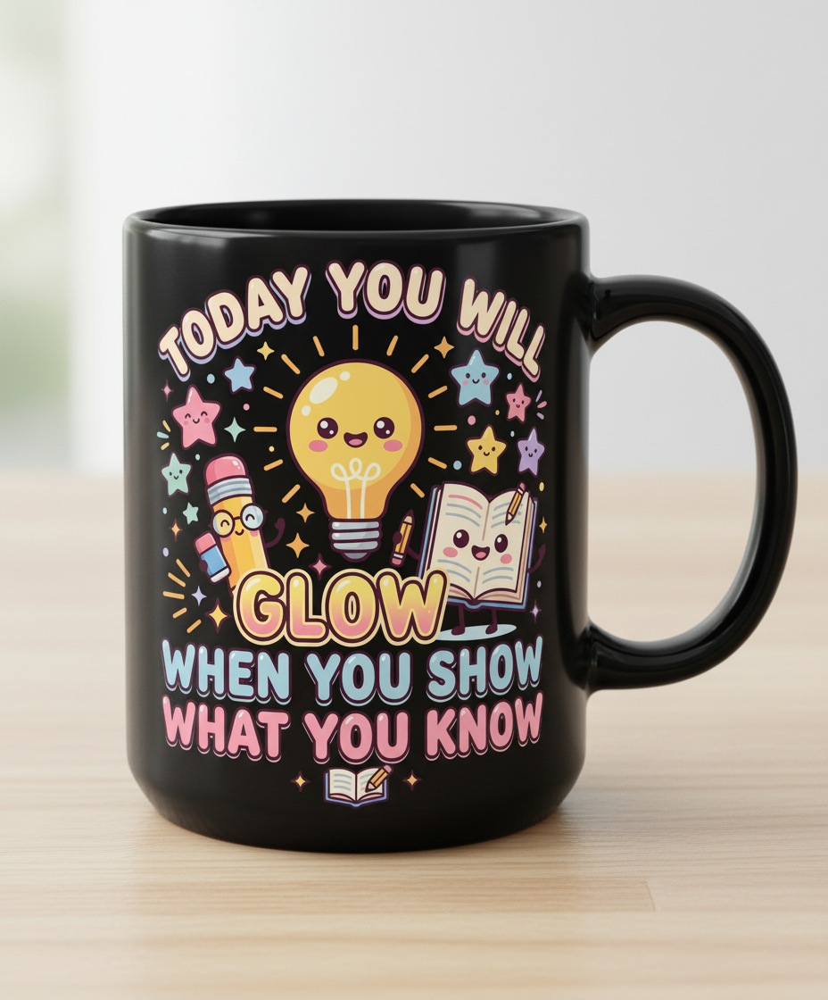 Kawaii School Characters 'Today You Will Glow' Motivational Design Black Mug - Black