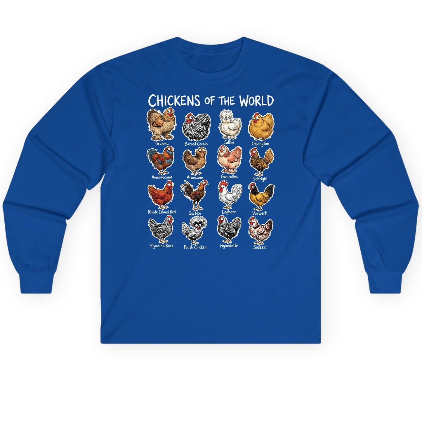 Chickens of the World chicken breeds Long Sleeve Tee Royal product mockup