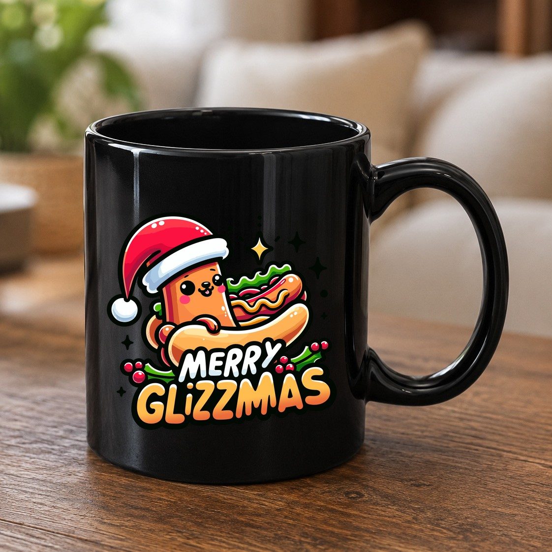 Merry Glizzmas hot dog Black Mug Black product mockup