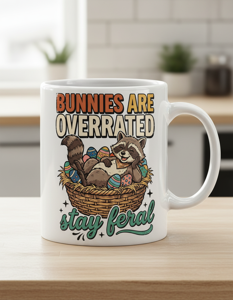 Bunnies Are Overrated Stay Feral Raccoon Easter Design White Mug - White