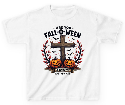 Are You Fall-O-Ween Jesus? christian Halloween Youth T-Shirt White product mockup