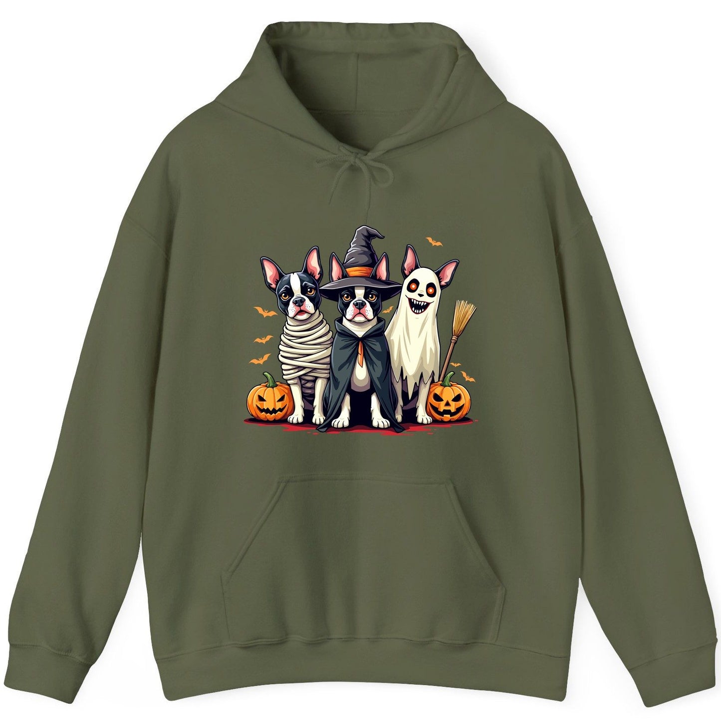 Halloween Boston Terrier Trio boston terrier Hoodie Military Green product mockup