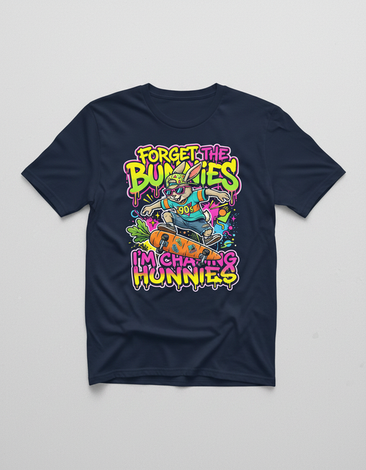 Funny 90s Skater Rabbit Chasing Hunnies T-Shirt - Navy