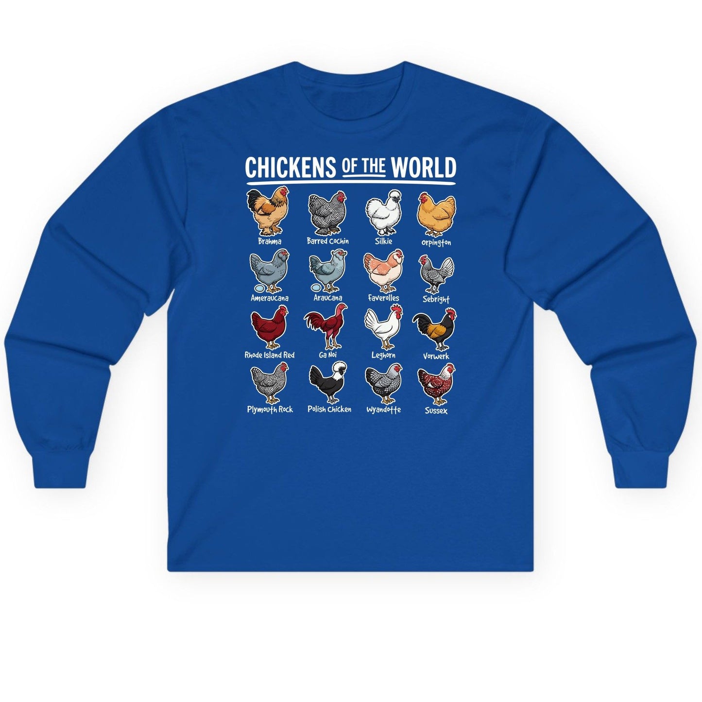 Chickens of the World chicken breeds Long Sleeve Tee Royal product mockup