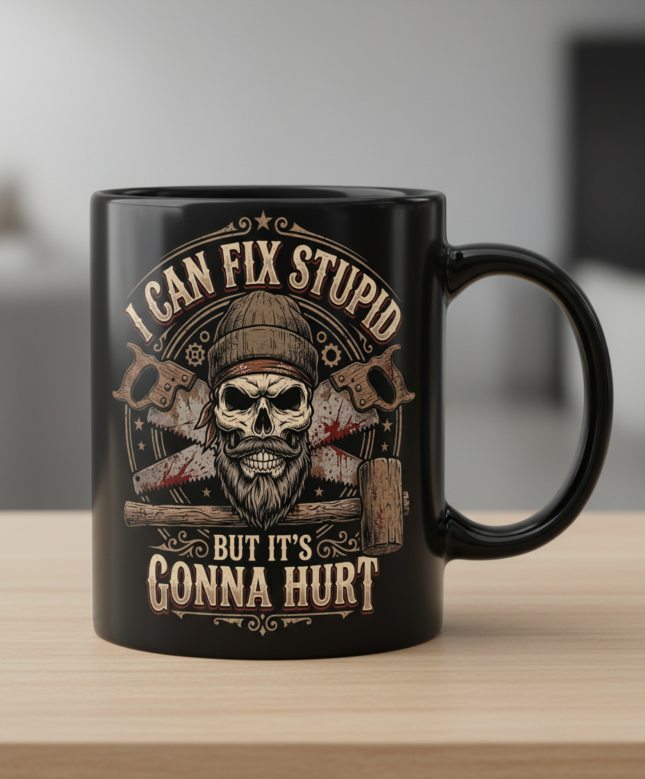 I Can Fix Stupid But It's Gonna Hurt Skull and Saws Black Mug - Black