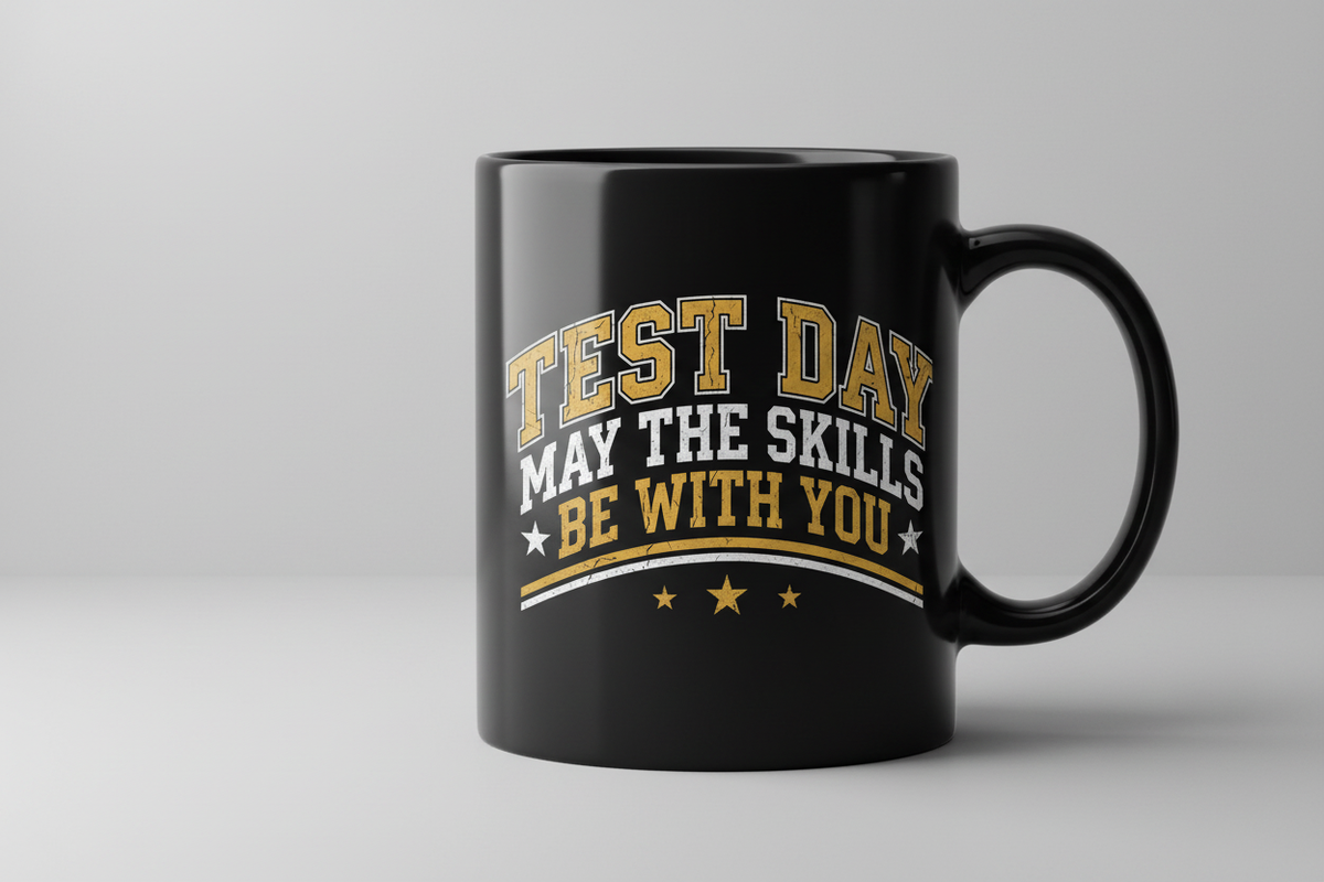 Test Day May The Skills Be With You Funny Teacher Student Design Black Mug - Black