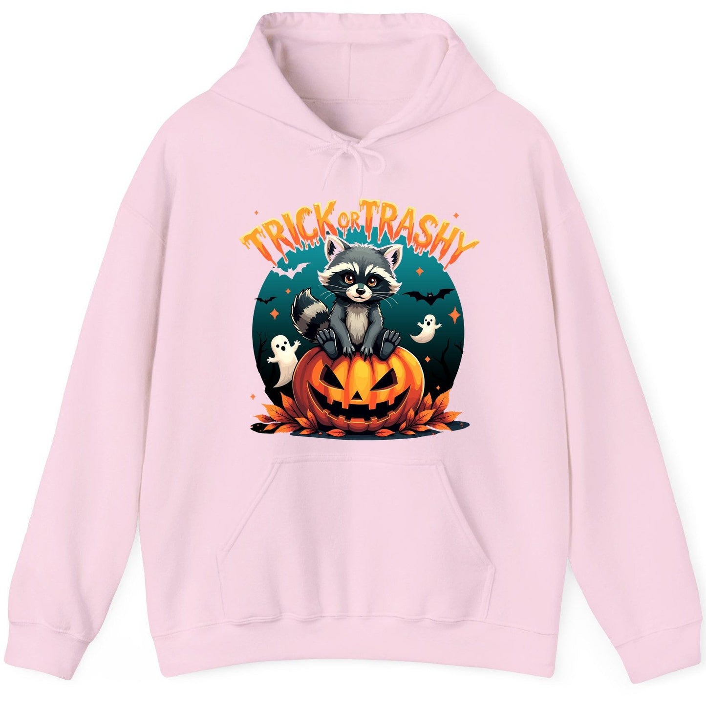 Trick or Trashy Halloween raccoon Hoodie Light Pink product mockup