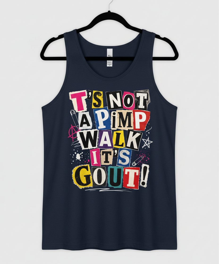 T's Not a Pimp Walk It's Gout Funny Humor Tank Top - product mockup - Navy