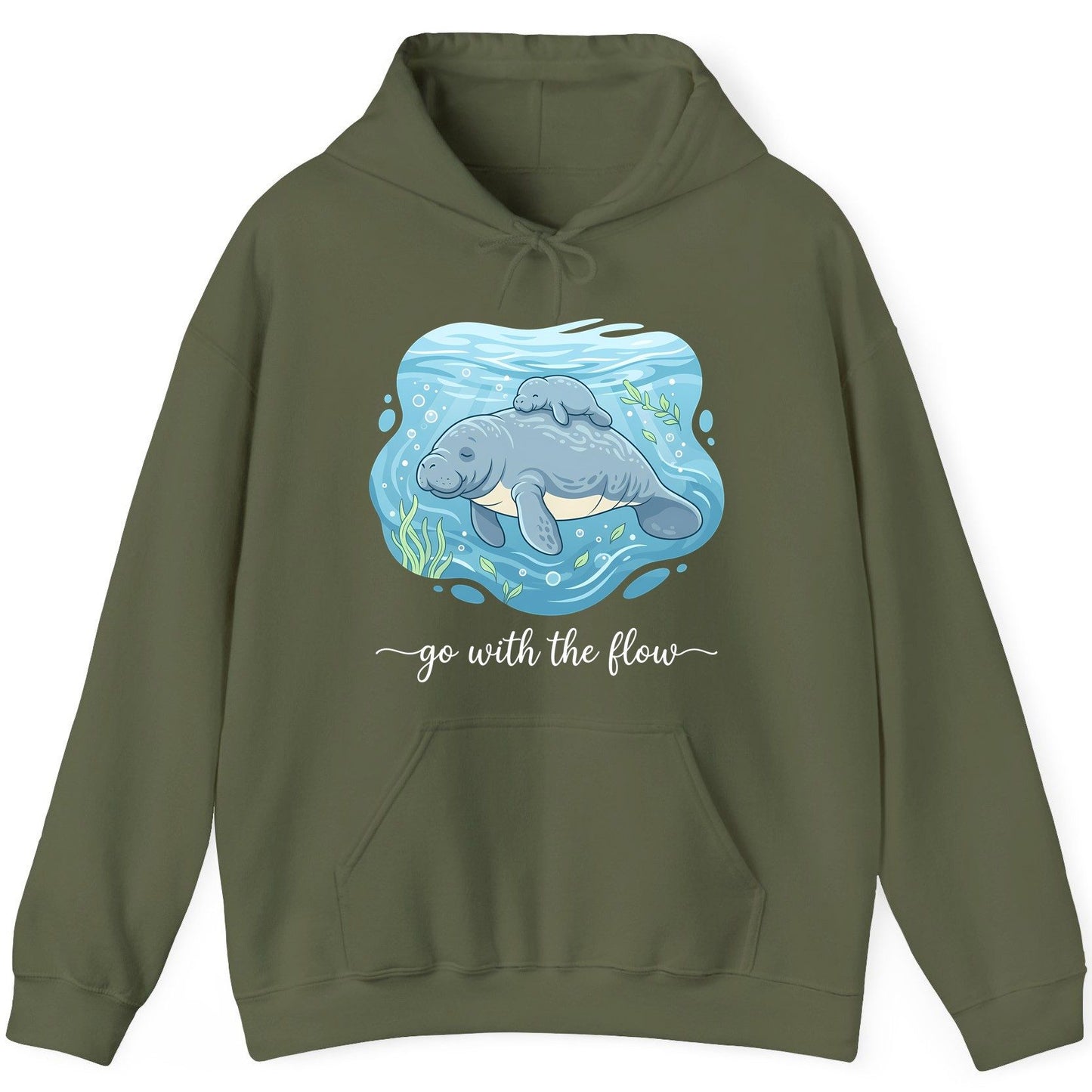 Go with the Flow Manatee Hoodie - product mockup - Military Green