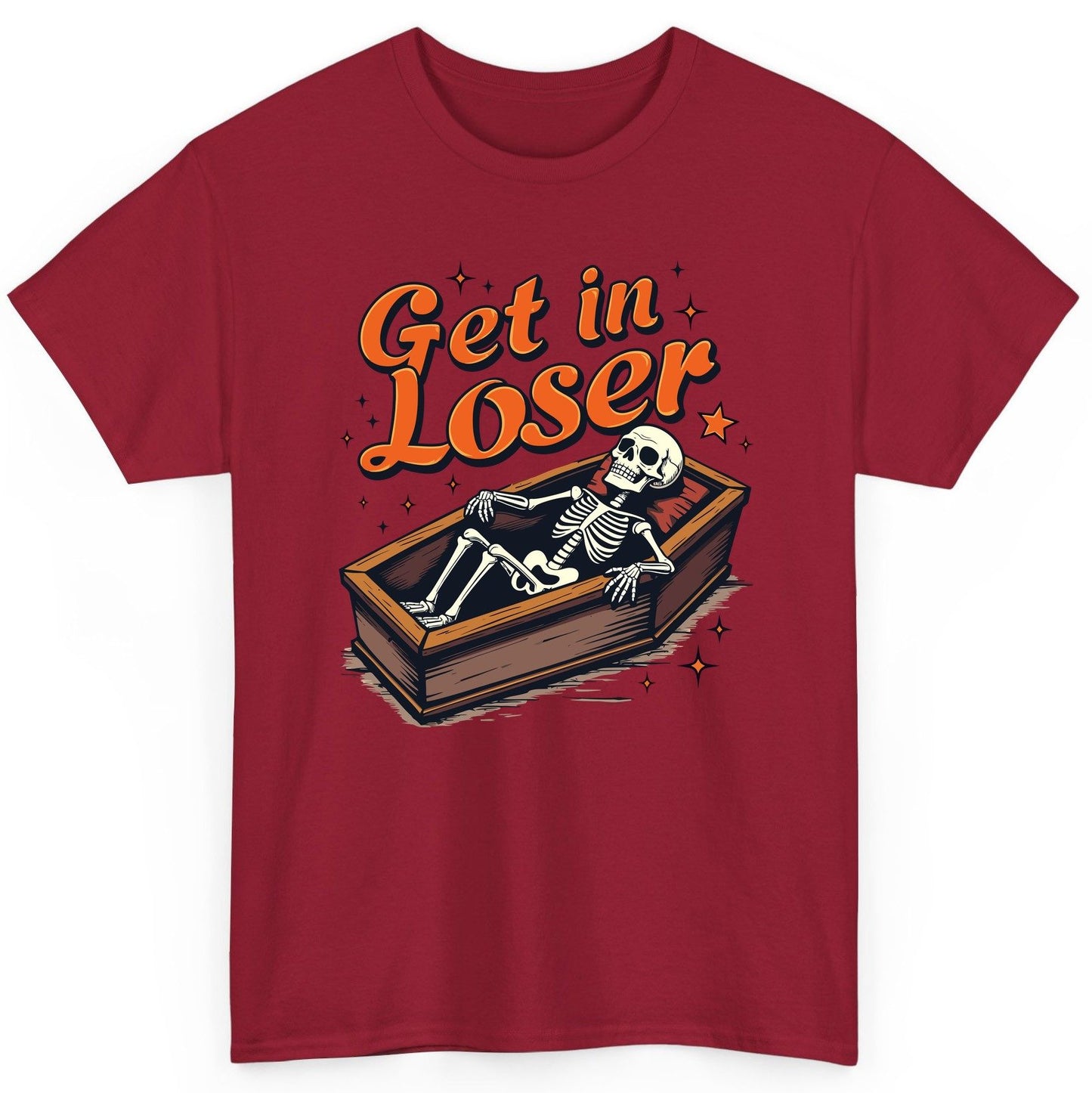 Get in Loser skeleton in coffin T-Shirt Cardinal Red product mockup