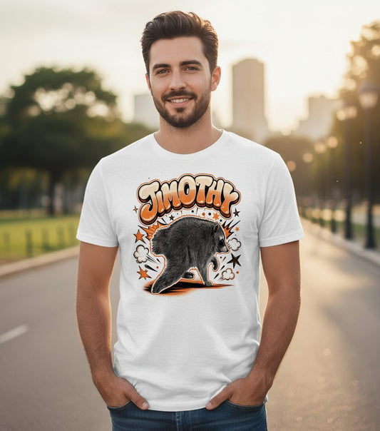 Timothy Retro Raccoon T-Shirt - lifestyle model mockup - White