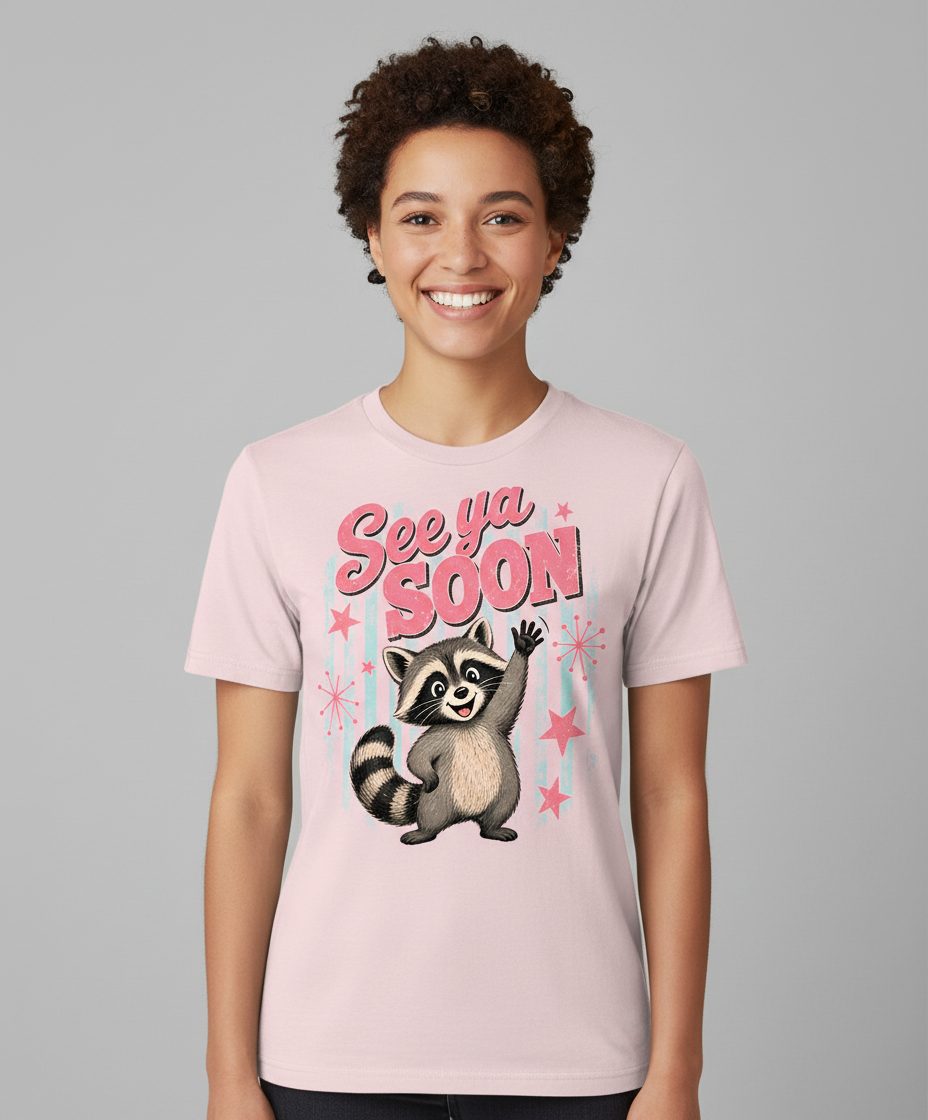 See Ya SOON Retro Raccoon T-Shirt - product mockup - Light Pink