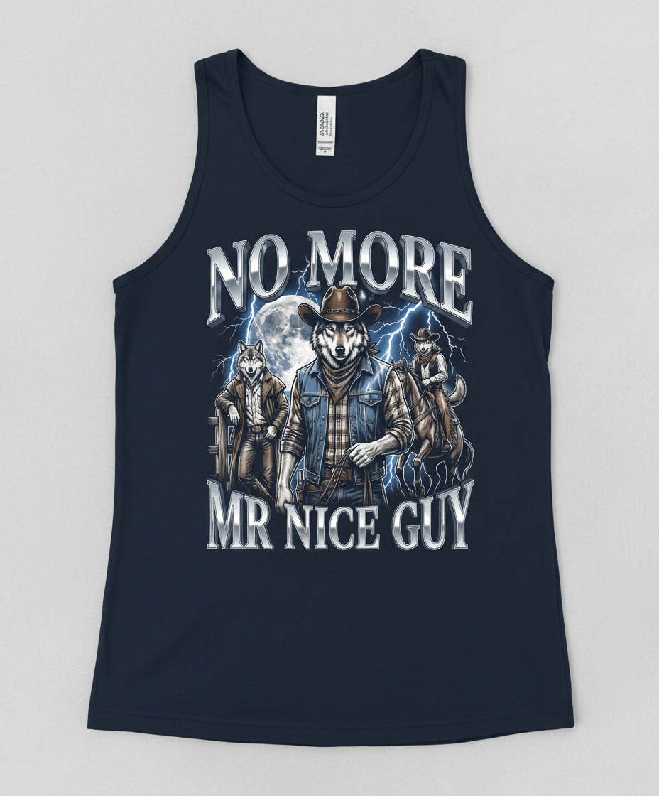 No More Mr Nice Guy Cowboy Wolf Tank Top - product mockup - Navy