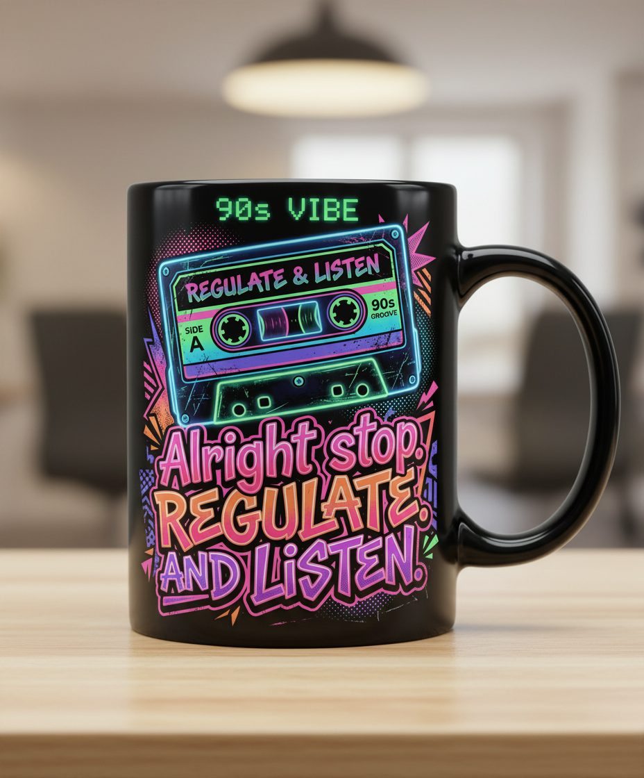 90s Vibe Cassette Tape Regulate and Listen Retro Design Black Mug - Black