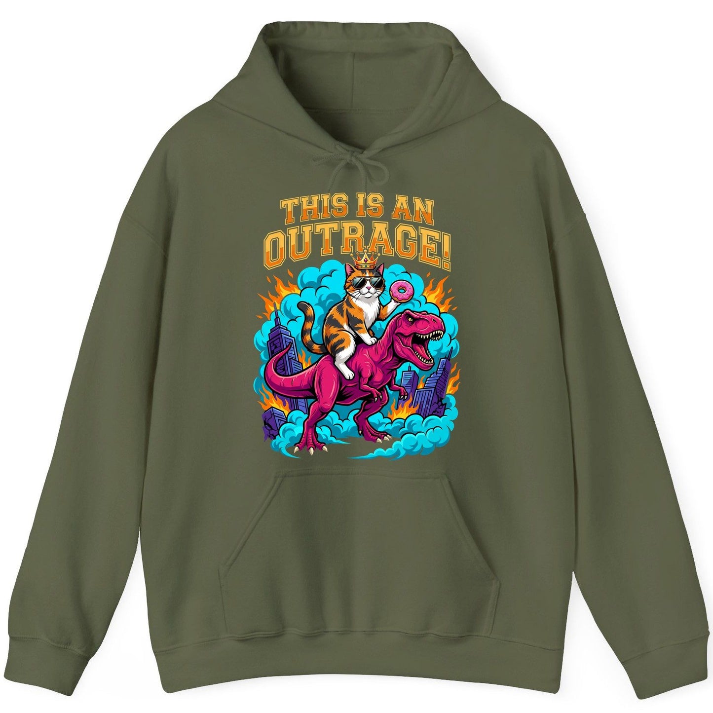 THIS IS AN OUTRAGE! Cat riding a T-Rex Hoodie Military Green product mockup