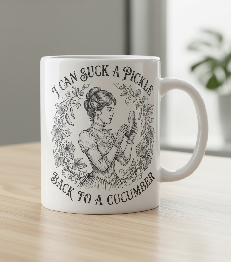 Vintage Victorian "I Can Suck a Pickle Back to a Cucumber" Design White Mug - White