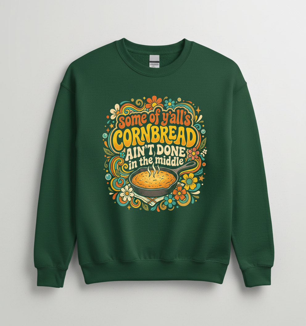 Funny Southern Saying 'Cornbread Ain't Done' Retro 70s Design Sweatshirt - Forest Green