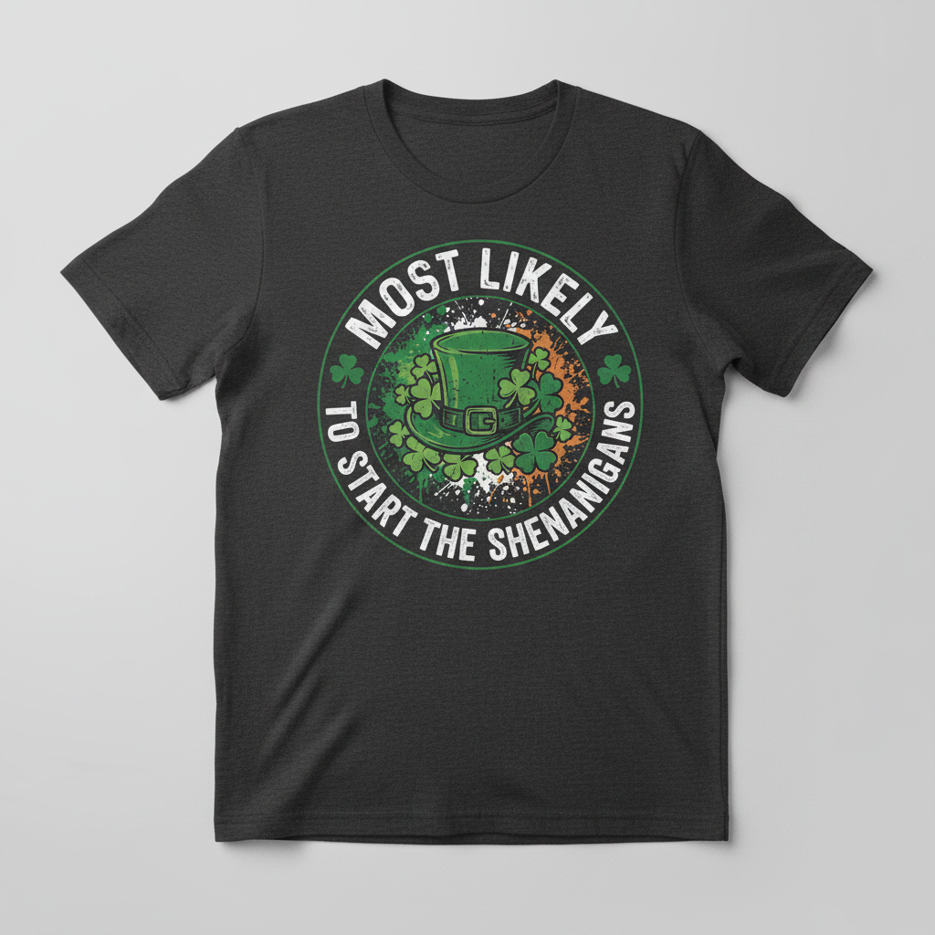 Most Likely To Start The Shenanigans St. Patrick's Day Design T-Shirt - Dark Heather