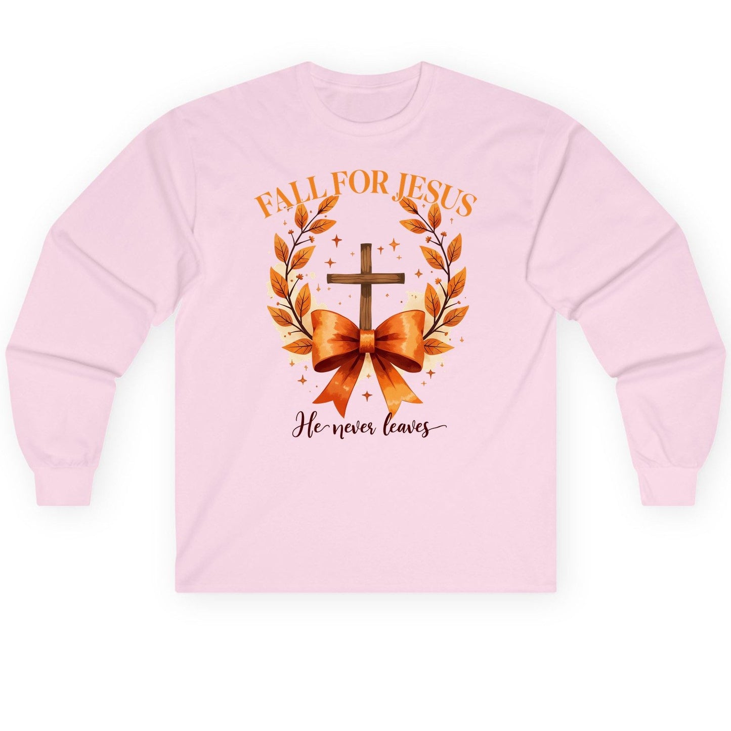 Fall for Jesus He Never Leaves christian faith Long Sleeve Tee Light Pink product mockup