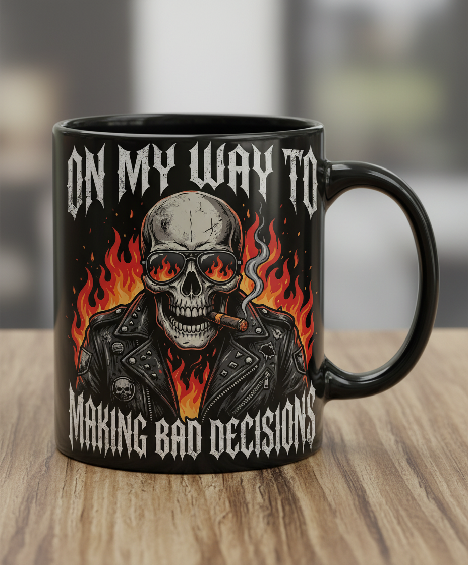 On My Way To Making Bad Decisions Biker Skull Black Mug - Black