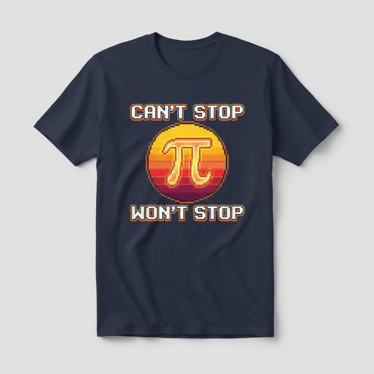 Can't Stop Won't Stop Pi Symbol Retro 8-Bit Math Pun T-Shirt - Navy