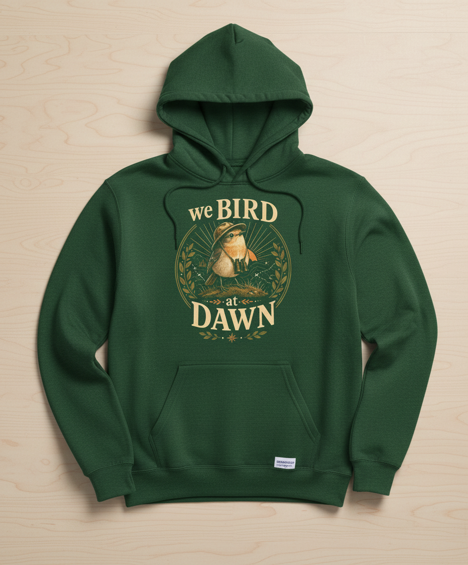 Funny We Bird At Dawn Hoodie - product mockup - Forest Green