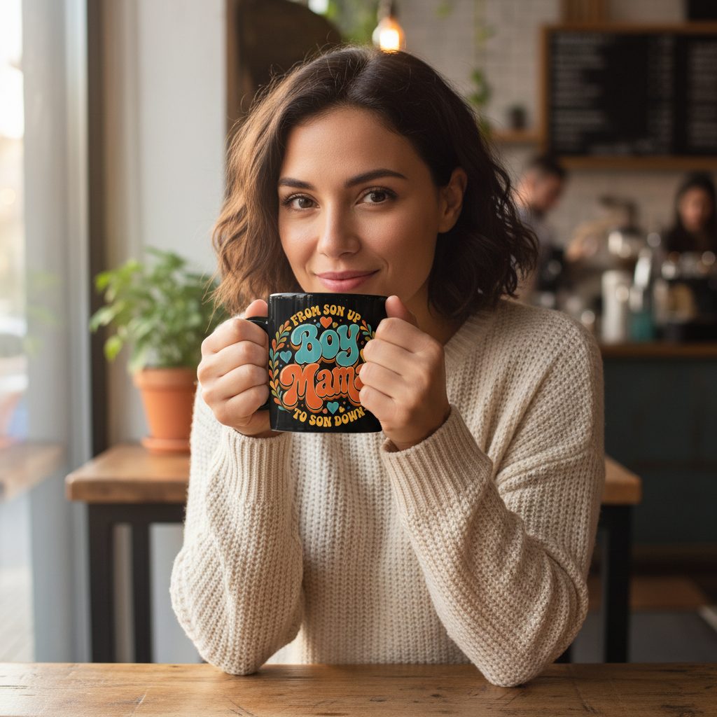 From Son Up to Son Down Boy Mama Retro Mothers of Sons Black Mug - lifestyle model mockup - Black
