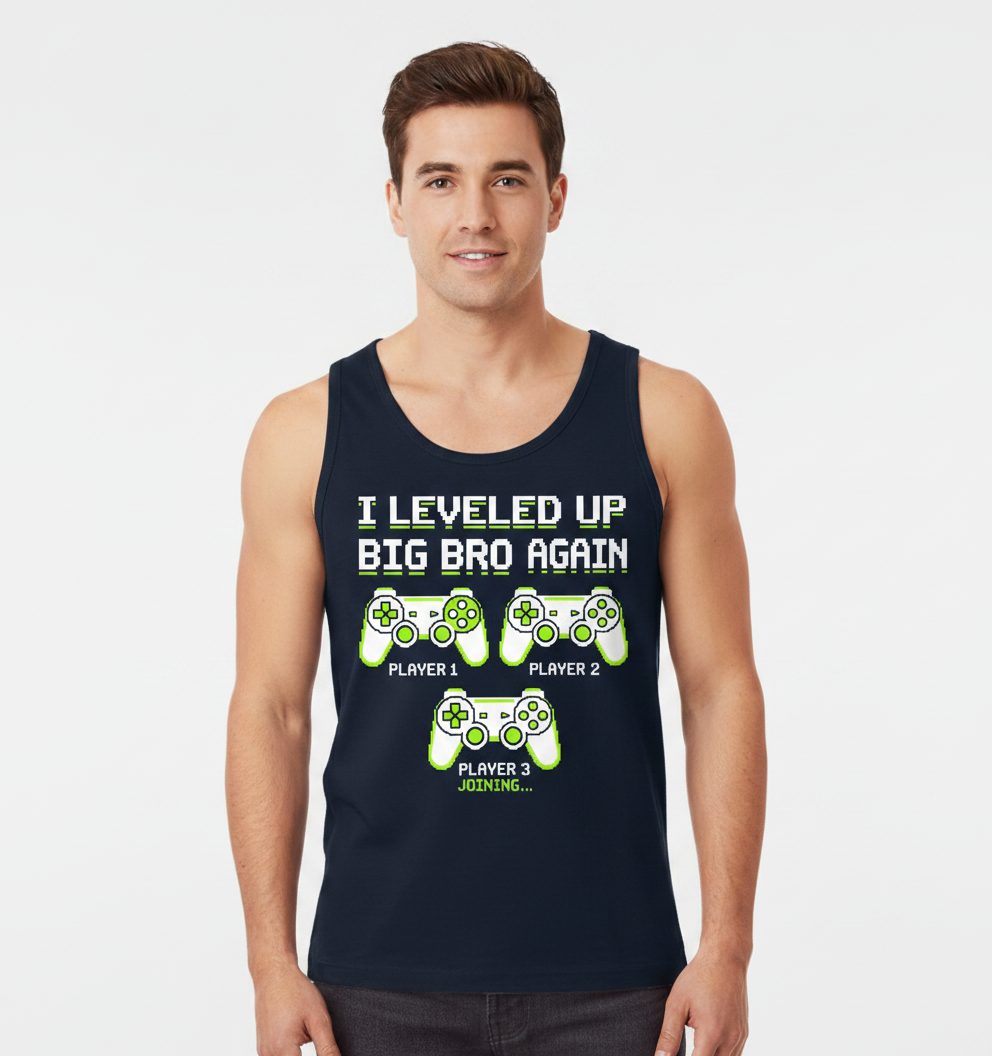 I Leveled UP BIG BRO AGAIN Retro Brother Announcement Tank Top - product mockup - Navy