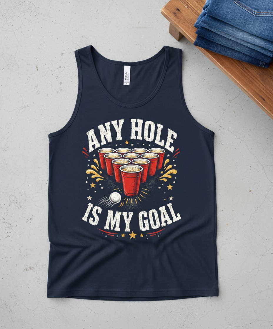 Any Hole Is My Goal Funny Beer Pong Tank Top - product mockup - Navy