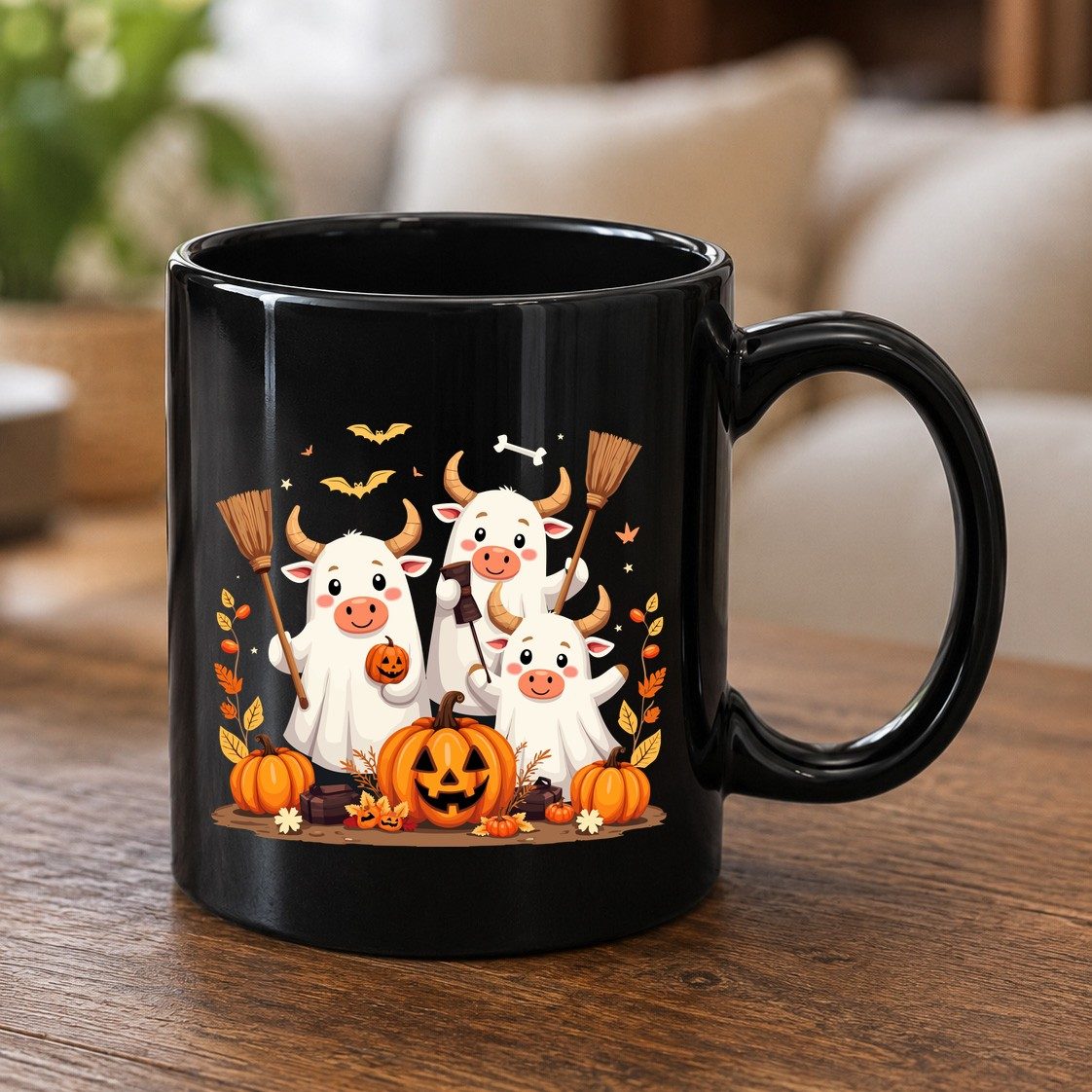 Cute Ghost Cows Halloween cows Black Mug Black product mockup