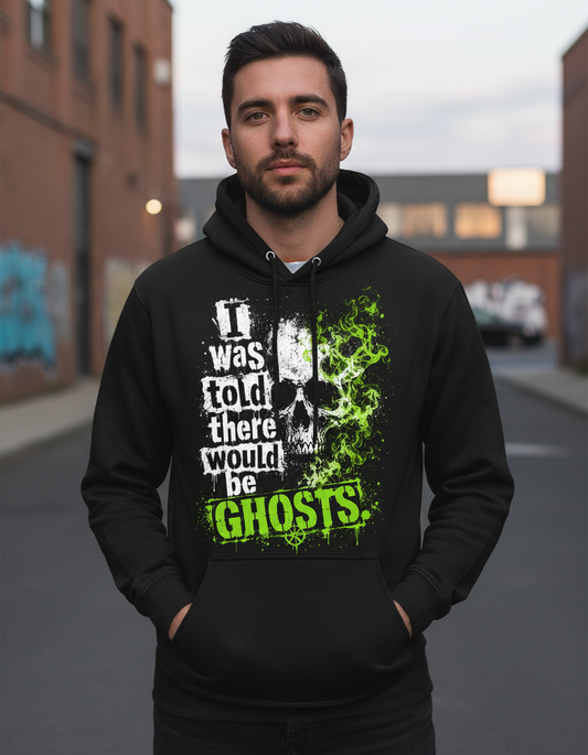 Funny I Was Told There Would Be Ghosts Skull Hoodie - lifestyle model mockup - Black