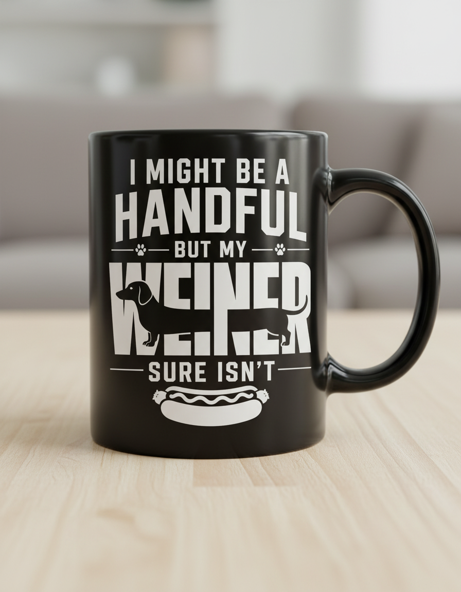 Funny Dachshund Wiener Dog Pun 'I Might Be A Handful' Black Mug - Black