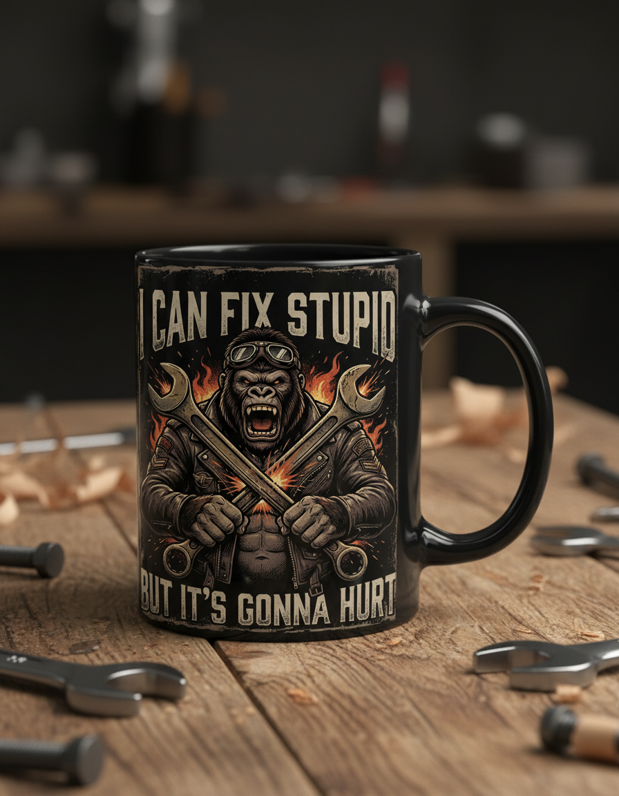I Can Fix Stupid Gorilla Mechanic Biker Design Black Mug - Black