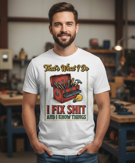That's What I Do I Fix Shit and I Know Things Funny Handyman T-Shirt - lifestyle model mockup - White