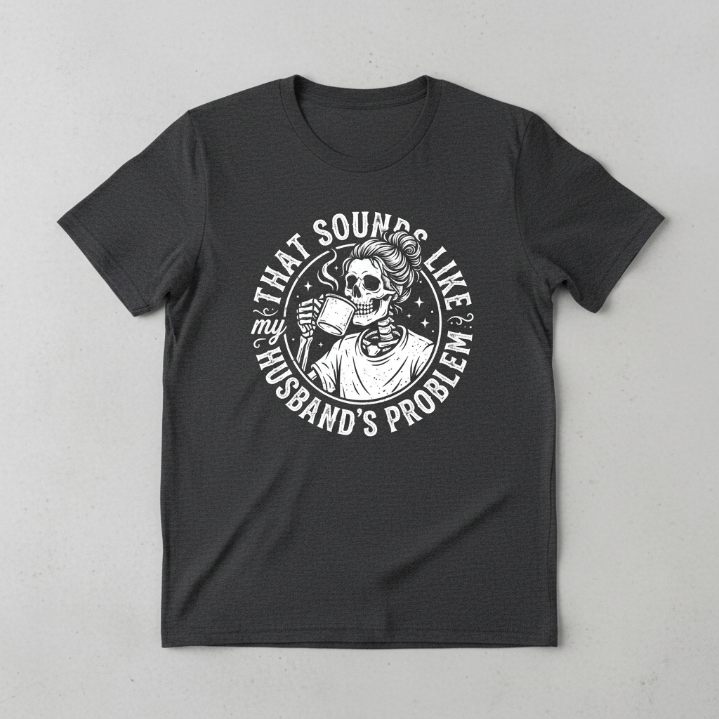 Skeleton Wife Drinking Coffee 'Husband's Problem' Design T-Shirt - Dark Heather
