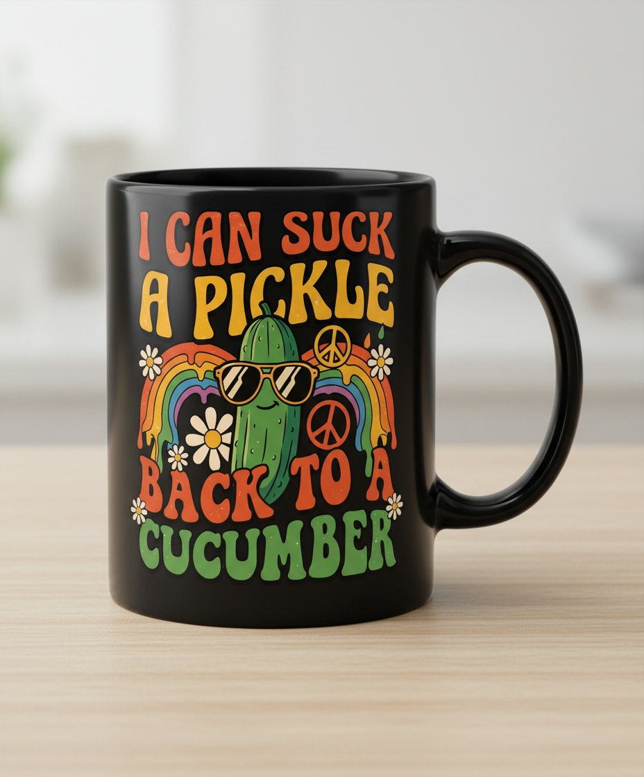 I Can Suck A Pickle Back To A Cucumber Funny Retro 70s Design Black Mug - Black