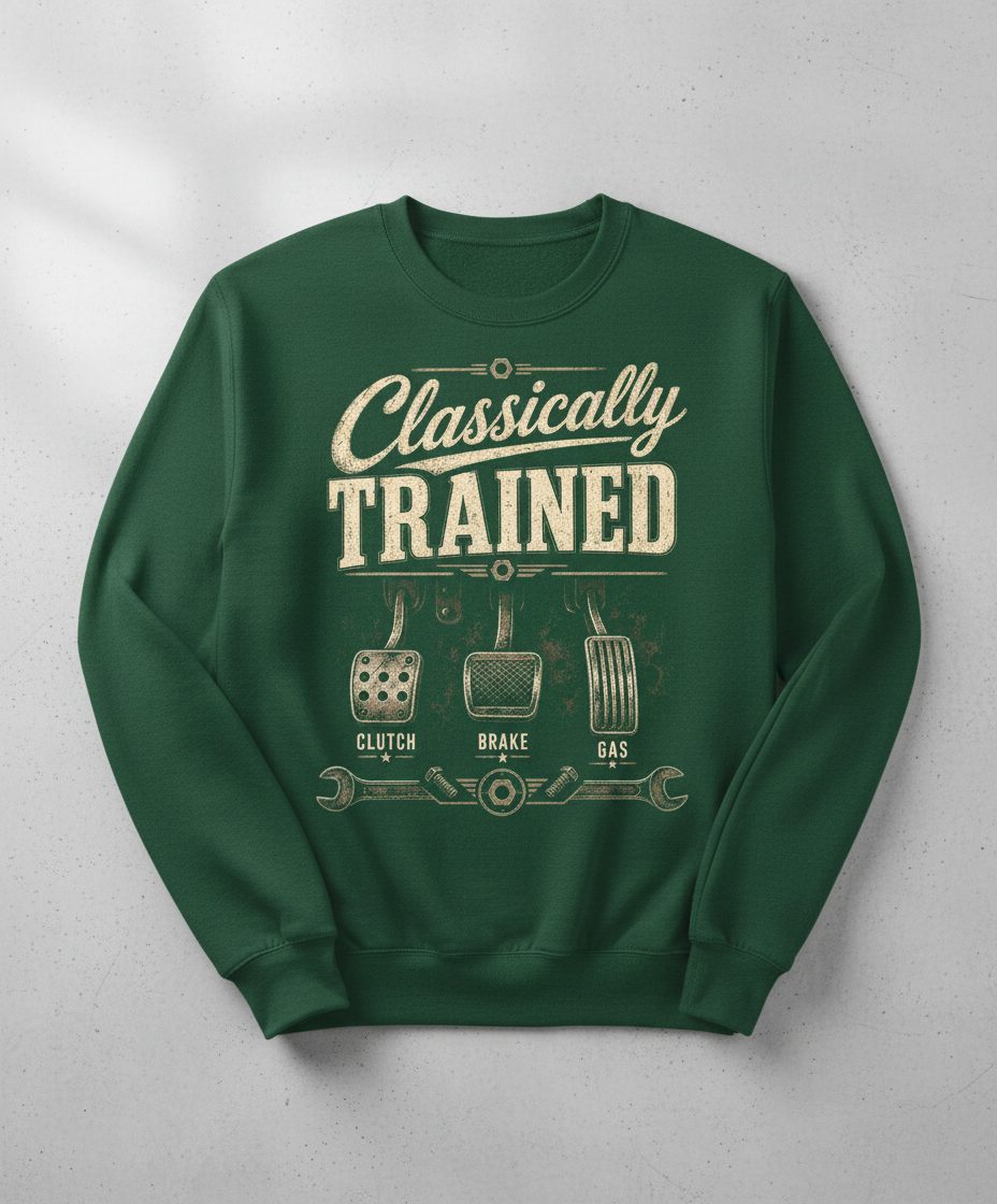 Classically Trained Retro Manual Transmission Sweatshirt - product mockup - Forest Green