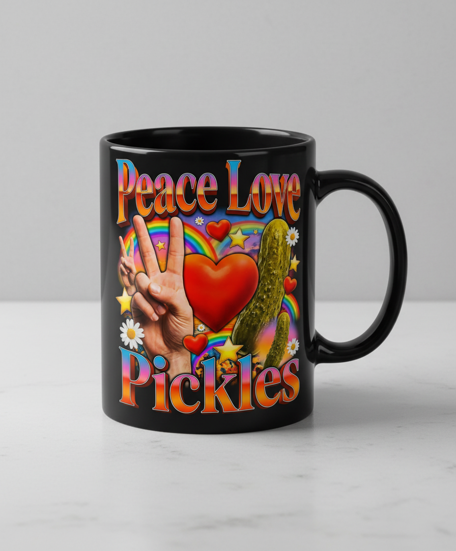 Peace Love Pickles Retro Hippie Design Black Mug - Black