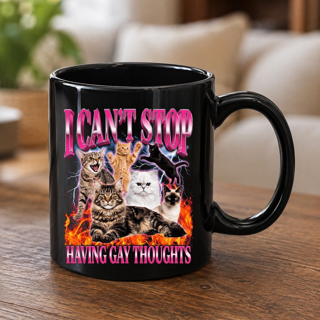 I Can't Stop Having Gay Thoughts cats Black Mug Black product mockup