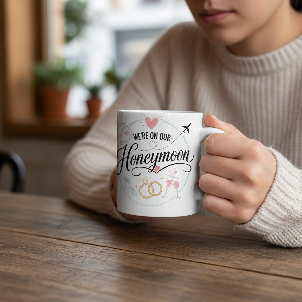Our Greatest Journey Honeymoon Newlyweds White Mug - lifestyle model mockup - White