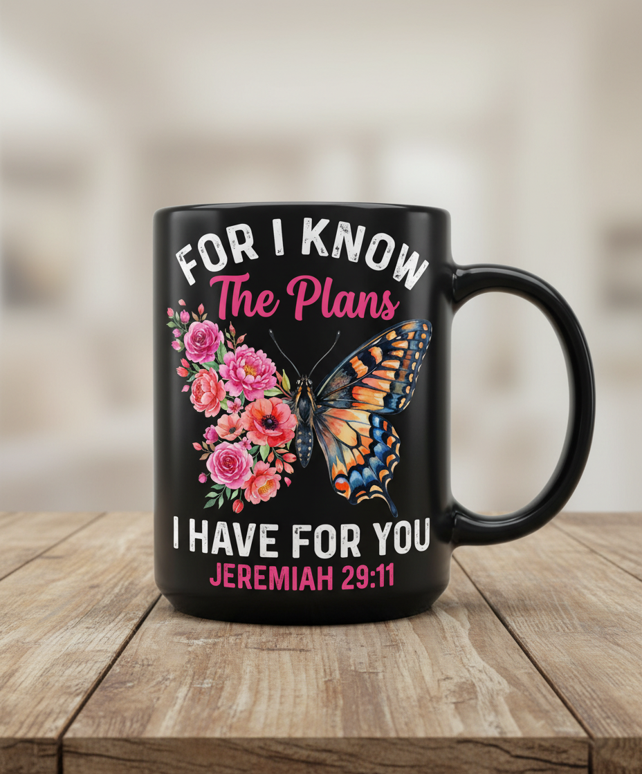 Jeremiah 29:11 Butterfly Floral Christian Verse Black Mug - Black