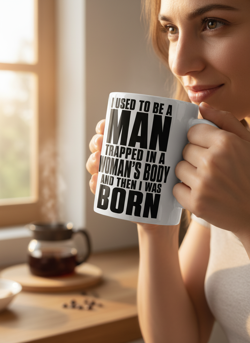 Humorous Man Trapped in a Woman's Body Saying White Mug - lifestyle model mockup - White