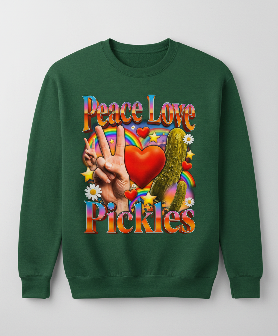 Peace Love Pickles Retro Hippie Design Sweatshirt - Forest Green
