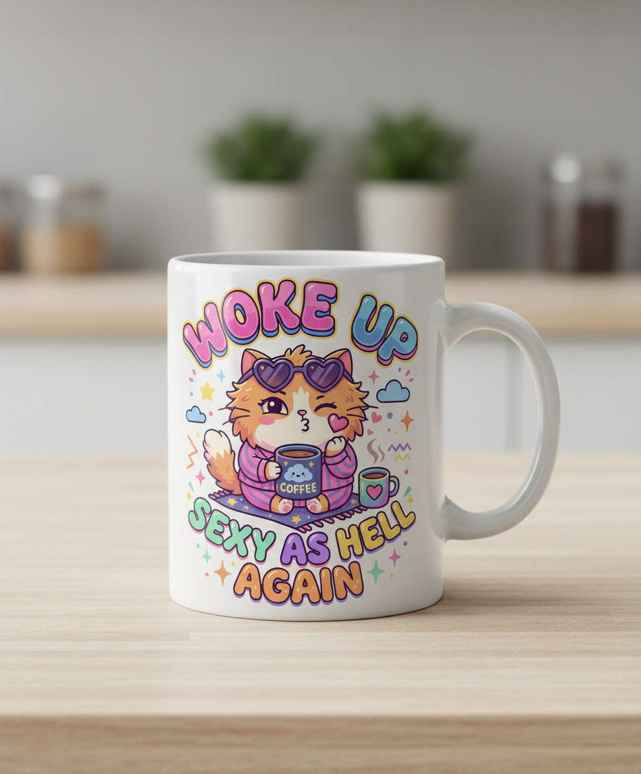 Woke Up Sexy As Hell Again Cute Cat White Mug - White