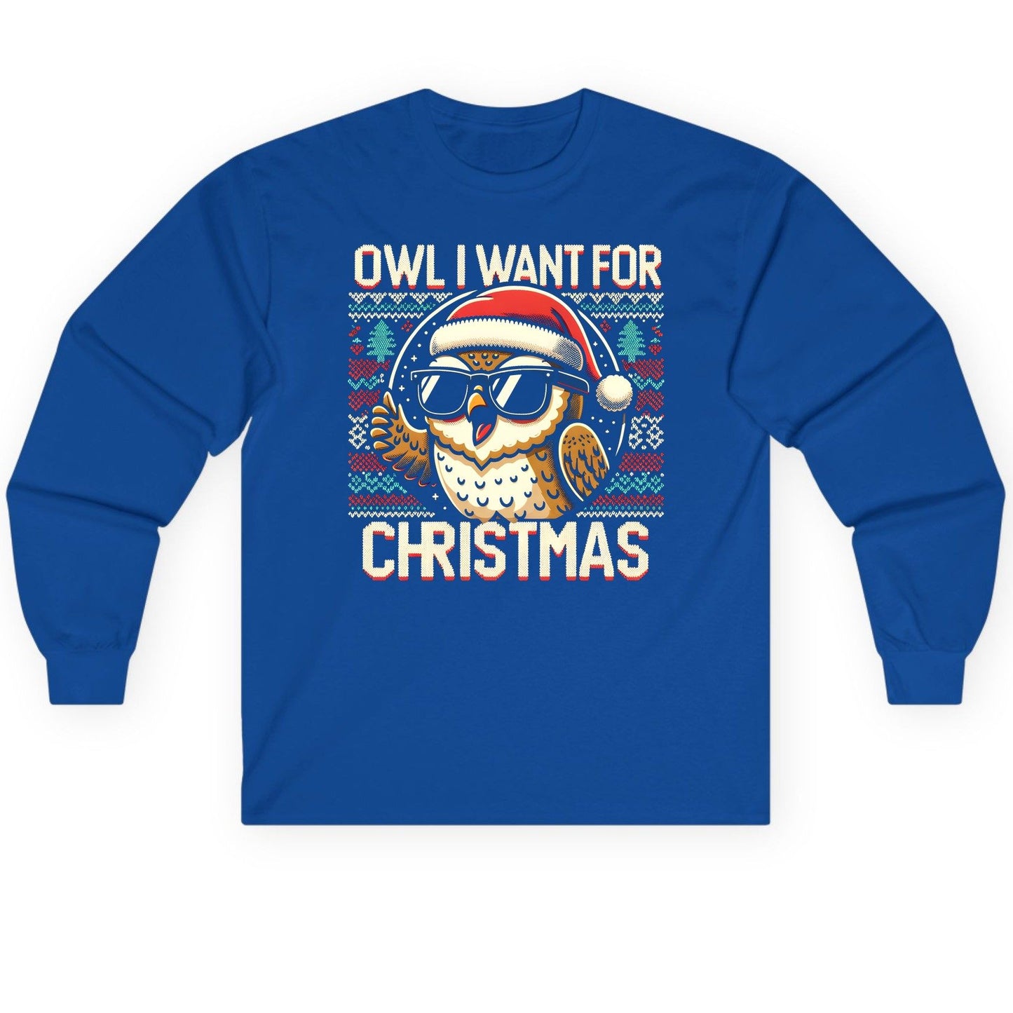 Owl I Want for Christmas Christmas owl Long Sleeve Tee Royal product mockup