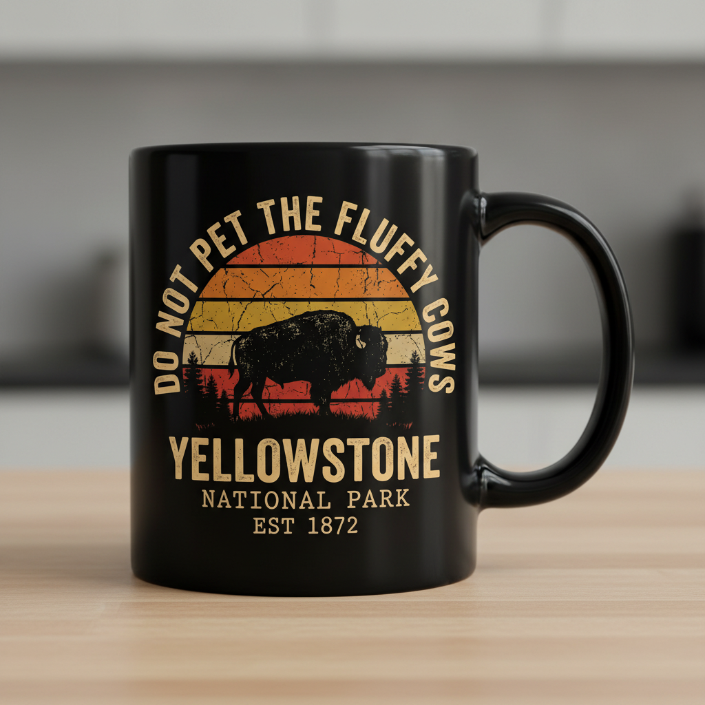 Do Not Pet The Fluffy Cows Yellowstone National Park Bison Black Mug - Black