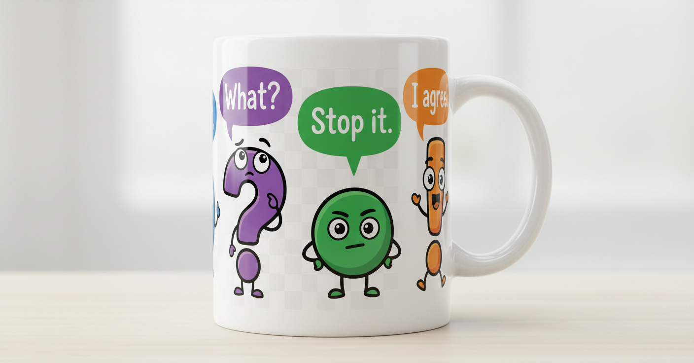 Funny Punctuation Marks Cartoon Characters White Mug - White